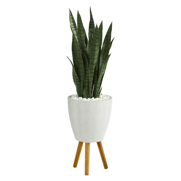 Nearly Natural 4' Sansevieria Artificial Plant in White Planter with Stand, Green