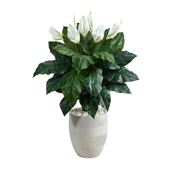 Nearly Natural 4' Spathiphyllum Artificial Plant in White Designer Planter, Green