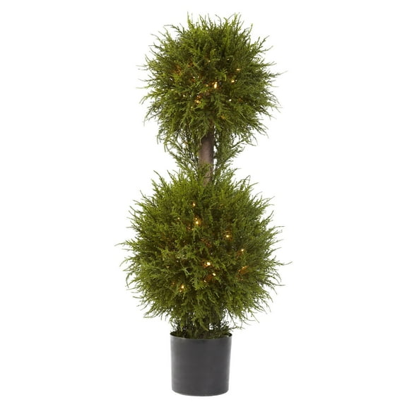 Nearly Natural 40" Cedar Double Ball Artificial Topiary with Lights, Green