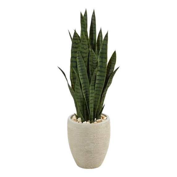 Nearly Natural 40" Sansevieria Artificial Plant in Sand Colored Planter, Green