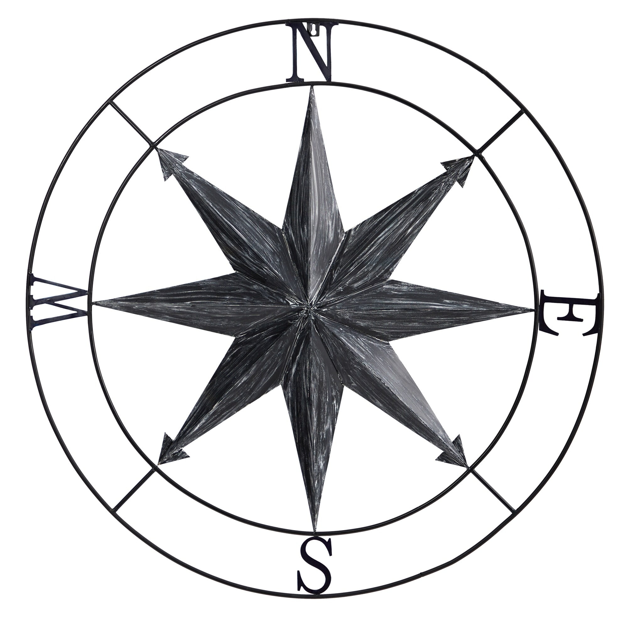 Washed Black Metal Nautical Compass Wall Art, 40" Diameter