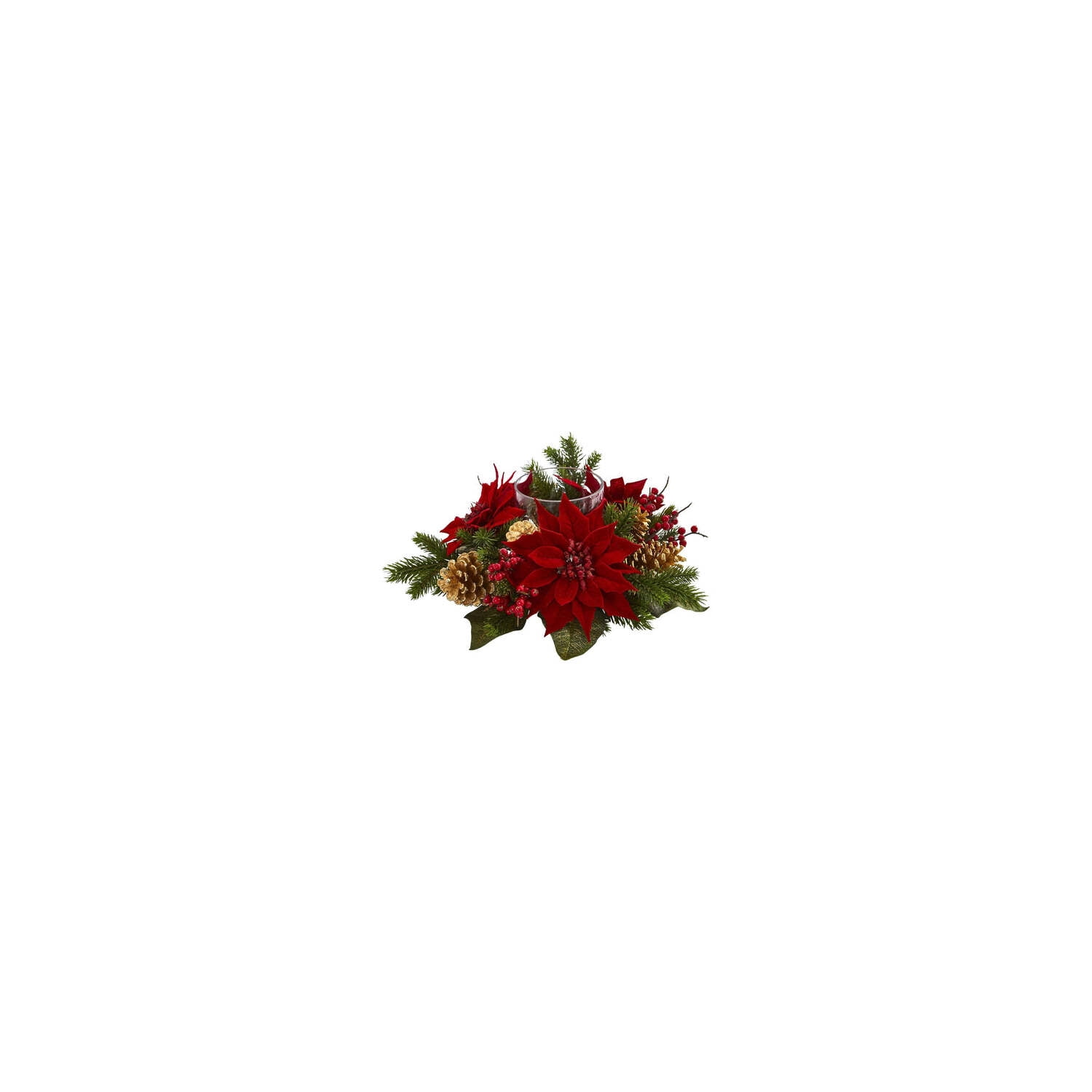 Festive Poinsettia and Pine Cone Tabletop Arrangement in Red