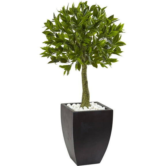 Nearly Natural 42in. Bay Leaf Artificial Topiary with Black Wash Planter UV Resistant (Indoor/Outdoor), Green