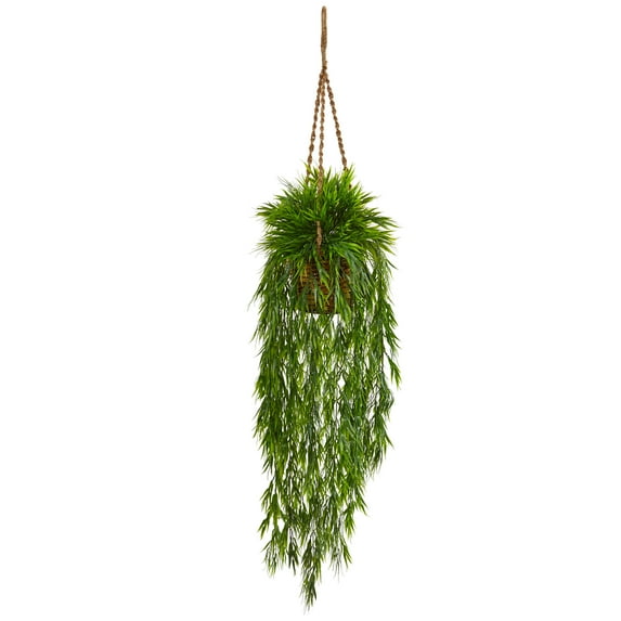 Nearly Natural 43" Mini Bamboo Artificial Plant Hanging Basket, Green