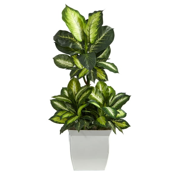Nearly Natural 46" Golden Dieffenbachia Artificial Plant in White Metal Planter, Green