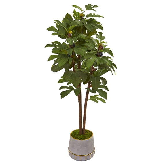 Nearly Natural 47" Fig Artificial Tree in Stoneware Vase with Gold Trimming, Green