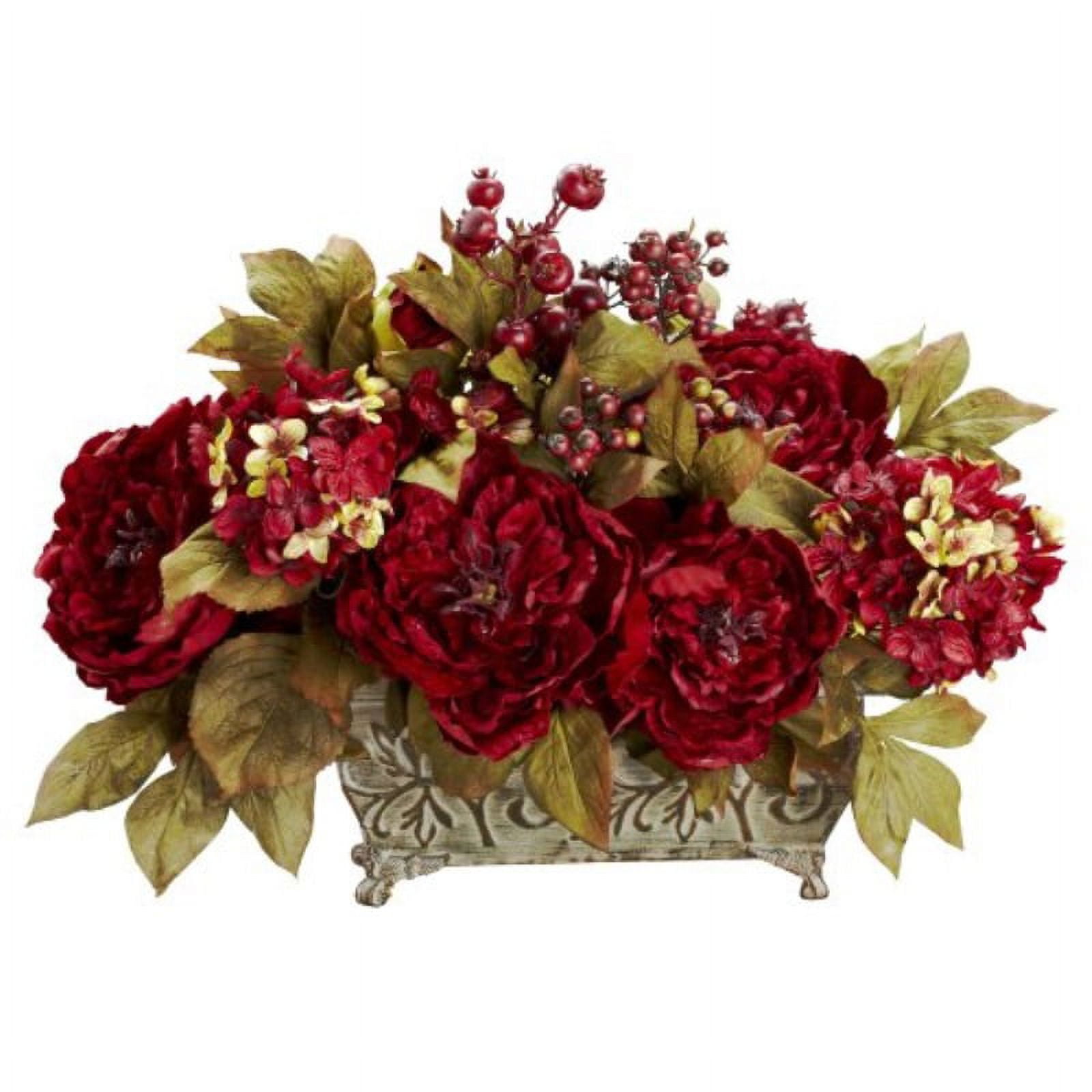 Red and Yellow Silk Peony Hydrangea Centerpiece with Metal Vase