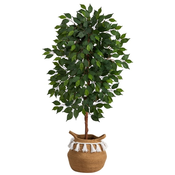 Nearly Natural 4ft. Artificial Ficus Tree with Handmade Jute & Cotton Basket with Tassels, Green