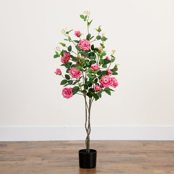 Nearly Natural Rose Artificial Potted Tree - 4' - Pink and Green