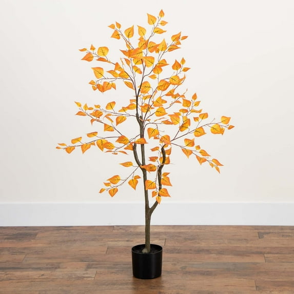 Nearly Natural Birch Leaf Artificial Potted Tree - 4' - Orange