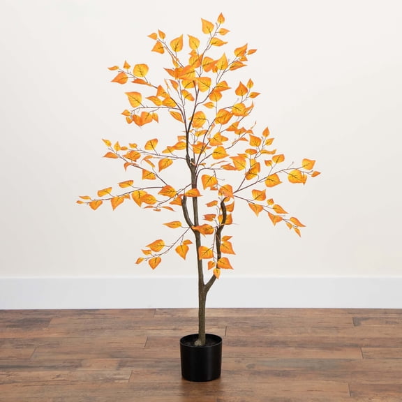 Nearly Natural Birch Leaf Artificial Potted Tree - 4' - Orange