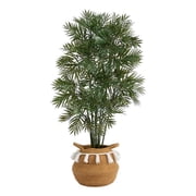 Nearly Natural 4ft Parlor Palm Tree in Natural Cotton Woven Planter w/ Ta