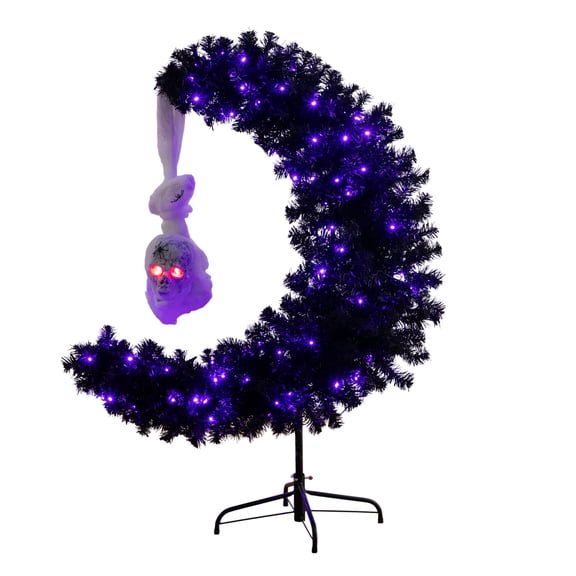 Nearly Natural 4ft. Pre-Lit Artificial Halloween Black Moon & Skull Tree with 250 Orange & Purple LED Lights