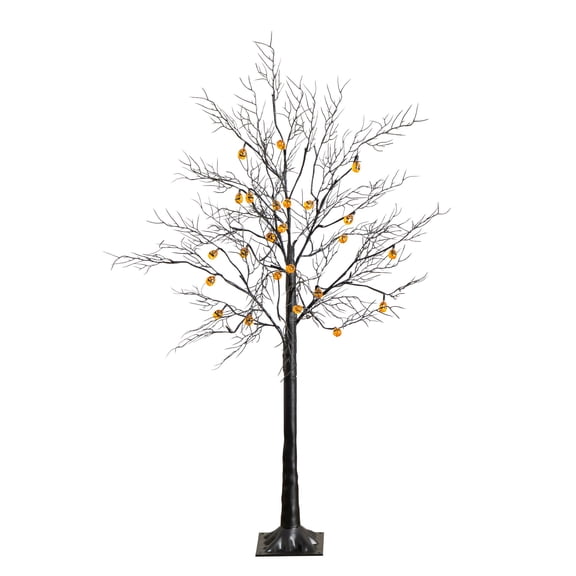 Nearly Natural 4ft. Pre-Lit Artificial Halloween Black Twig Tree with 24 Orange LED Pumpkin Shaped Lights