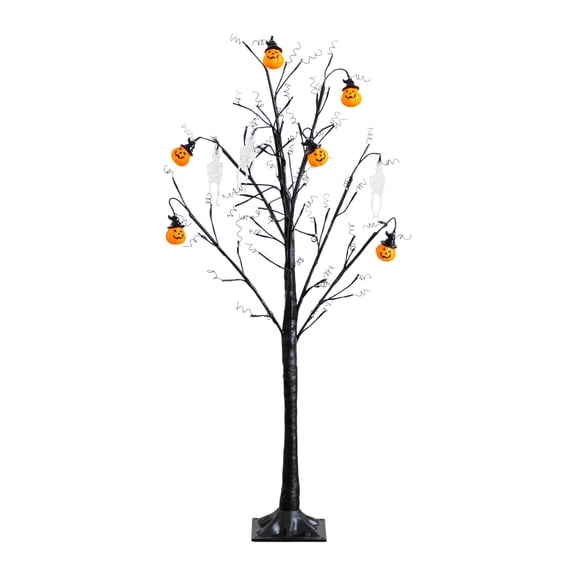 Nearly Natural Pre-Lit Skulls and Pumpkins Artificial Halloween Twig Tree - 4' - LED Lights