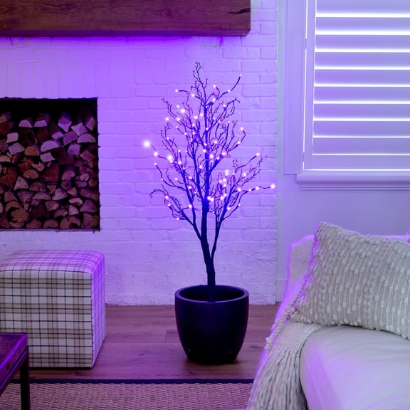 Nearly Natural Pre-Lit Black Twig Halloween Artificial Tree - 4' - Orange and Purple LED Lights