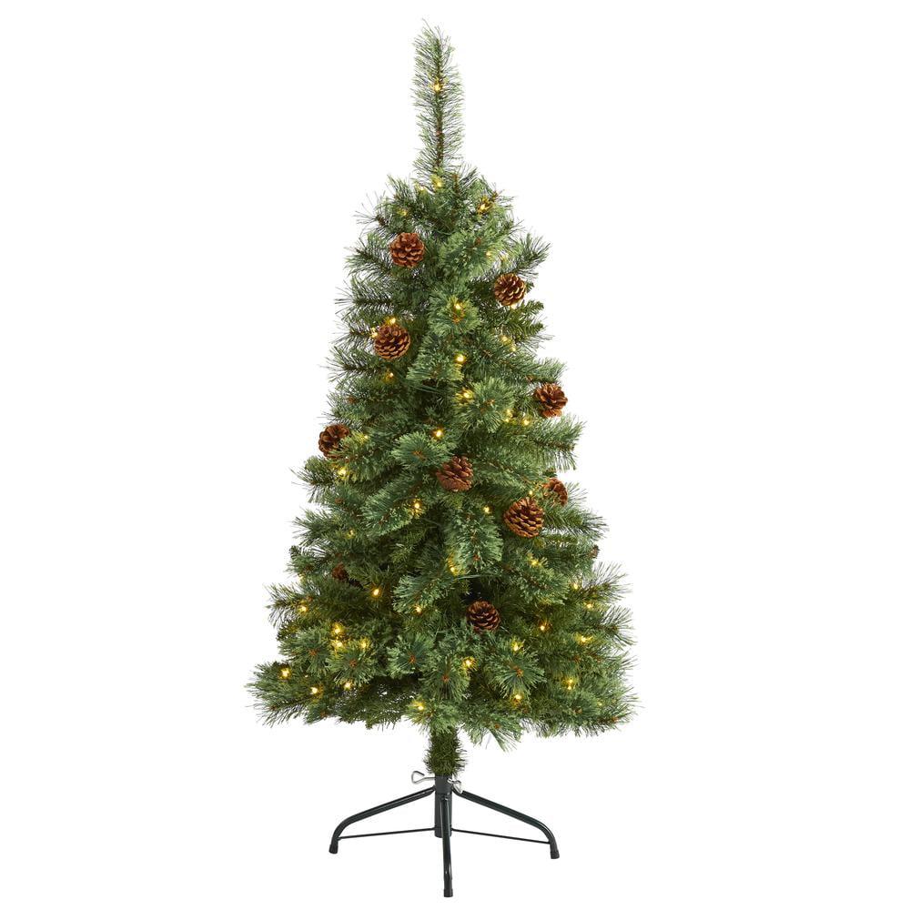 Nearly Natural 4ft. White Mountain Pine Artificial Christmas Tree with 100 Clear LED Lights and Pine Cones