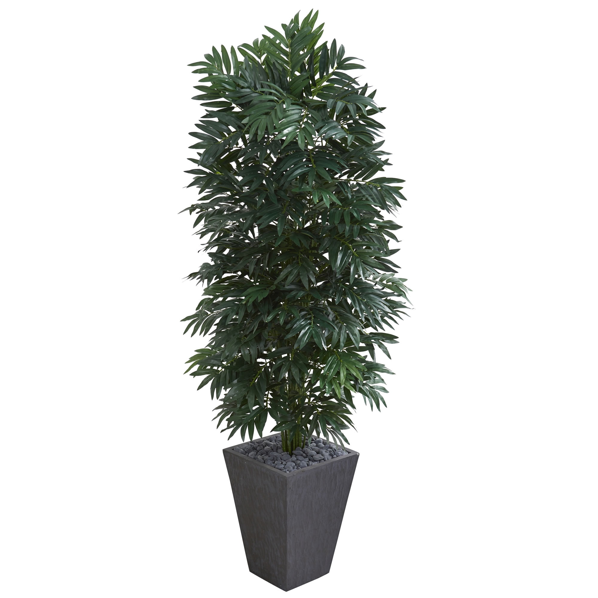 Nearly Natural 5.5’ Double Bamboo Palm Artificial Plant in Slate Finished Planter