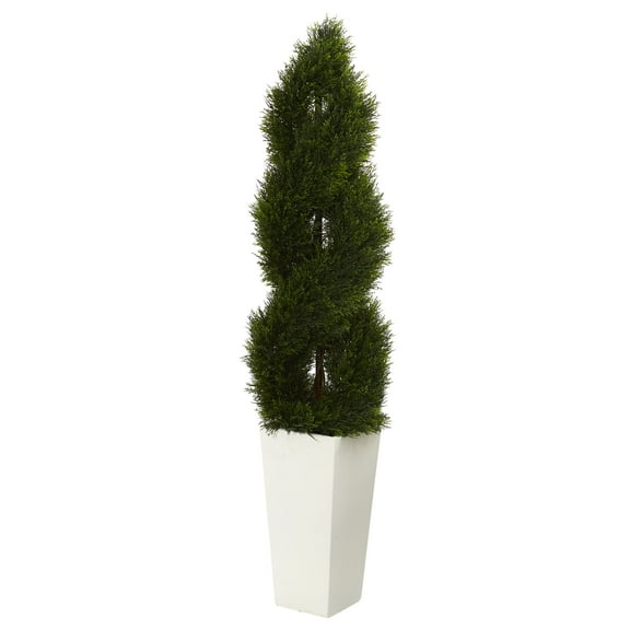Nearly Natural 5.5' Double Pond Cypress Spiral Topiary Artificial Tree in White Tower Planter UV Resistant