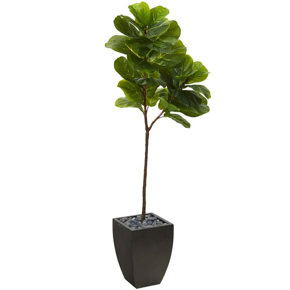 Nearly Natural 5.5' Fiddle Leaf Artificial Tree in Black Planter (Real Touch), Green