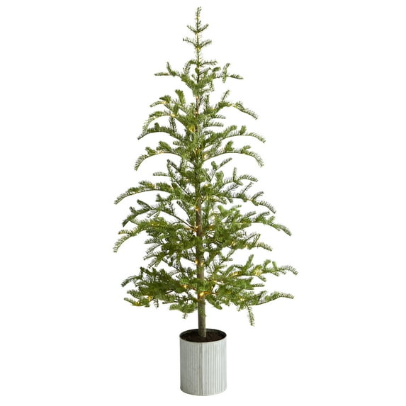 Nearly Natural 5.5' Green Pine Artificial Christmas Tree in Decorative Planter with 150 Lights