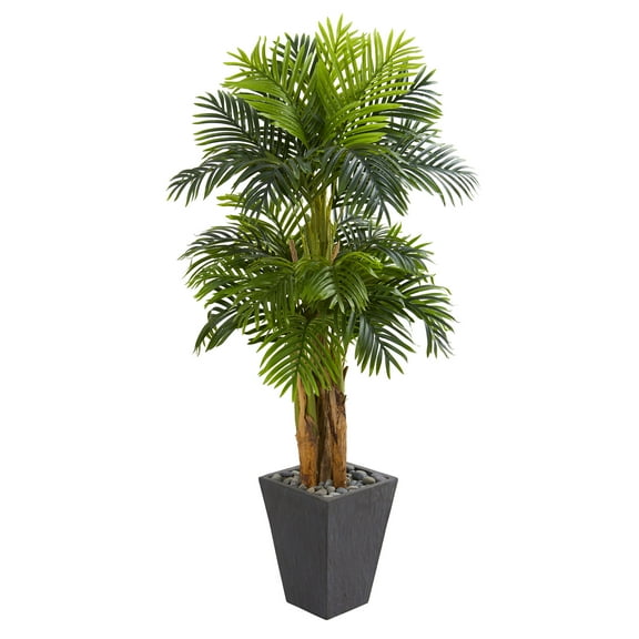 Nearly Natural 5.5' Triple Areca Palm Artificial Tree in Slate Finish Planter, Green