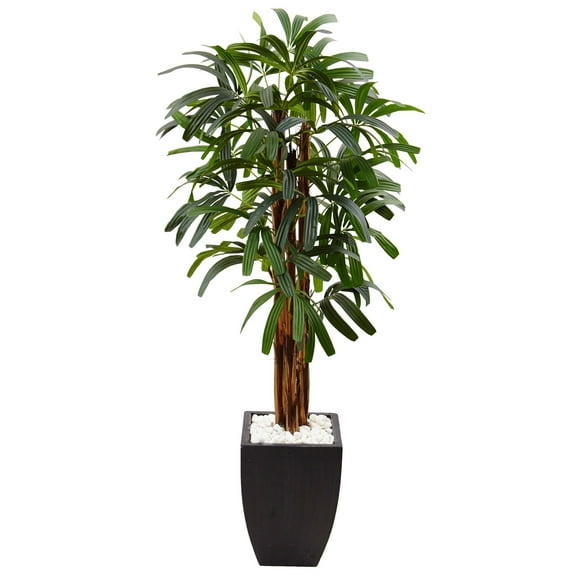 Nearly Natural 5.5 ft. Raphis Palm Artificial Tree in Black Planter