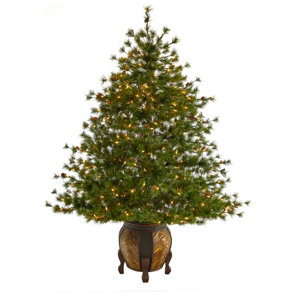 Nearly Natural 5.5 in. 250 Clear Lights, 669 Bendable Branches & Pine Cones Decorative Planter with Colorado Mountain Pine Artificial Christmas Tree
