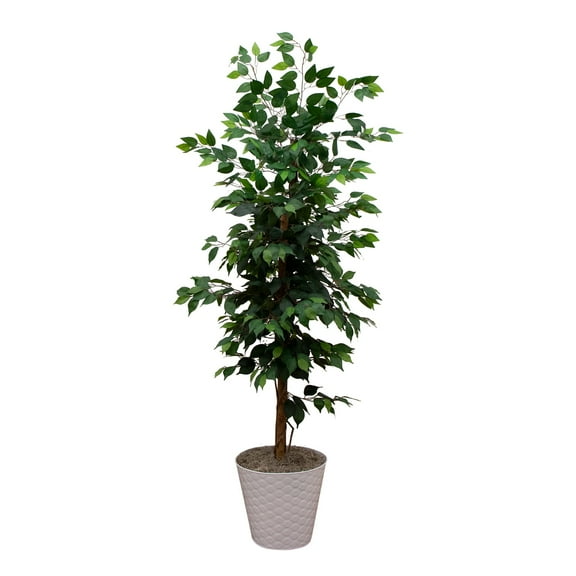 Nearly Natural 5.5ft. Artificial Ficus Double Stalk Tree in Hexagon Metal Planter