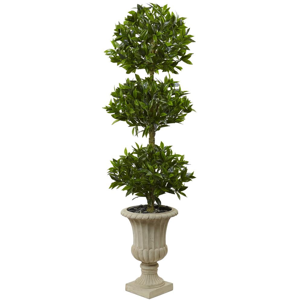 5.5ft Triple Bay Leaf Topiary Artificial Tree in Beige Urn