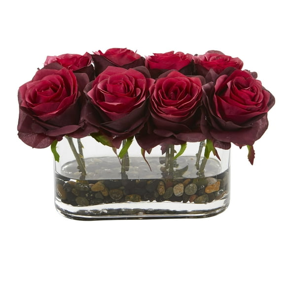 Nearly Natural 5.5in. Blooming Roses Artificial Floral Arrangement in Glass Vase, Burgundy