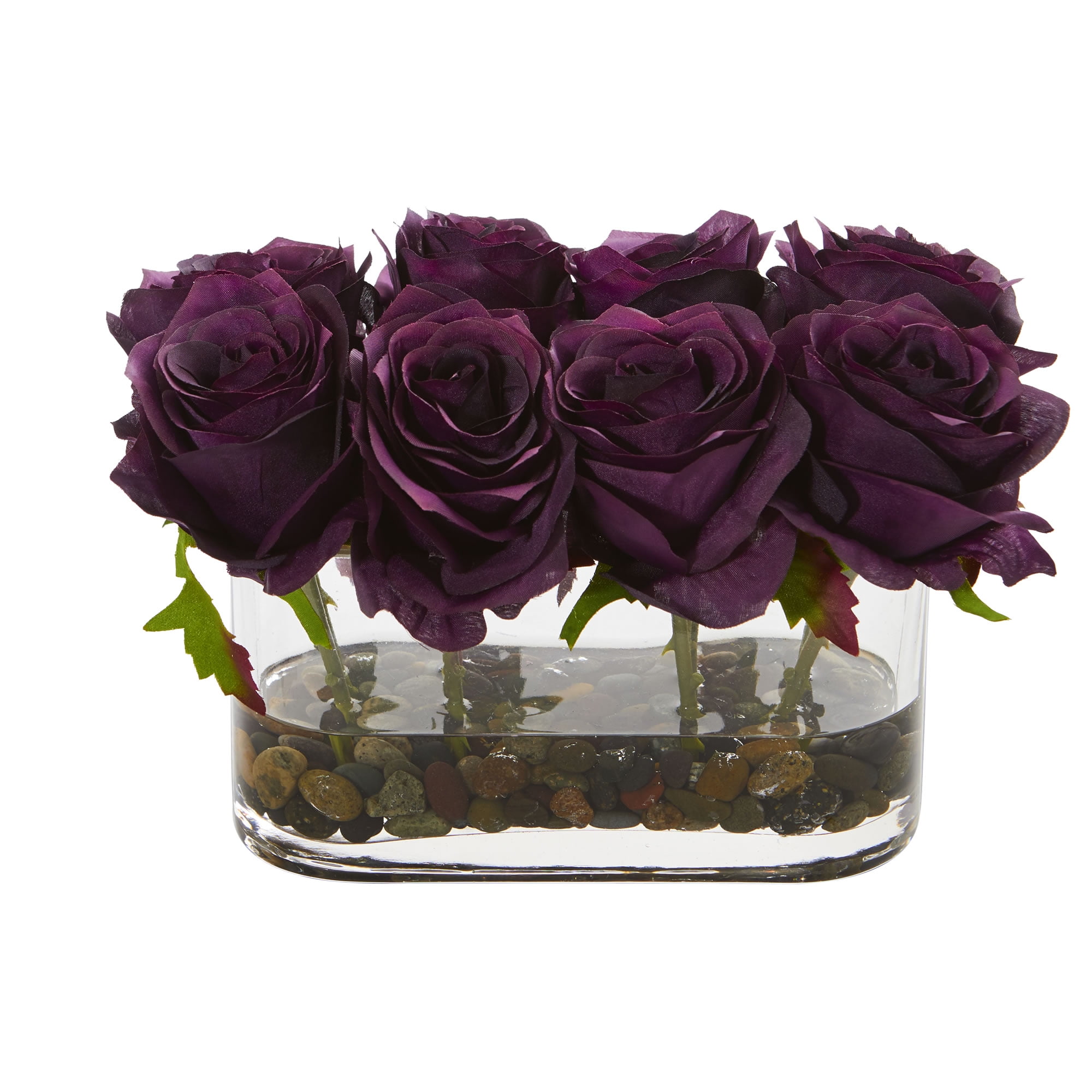 Nearly Natural Blooming Roses in Glass Vase - Purple Flowers - Walmart.com
