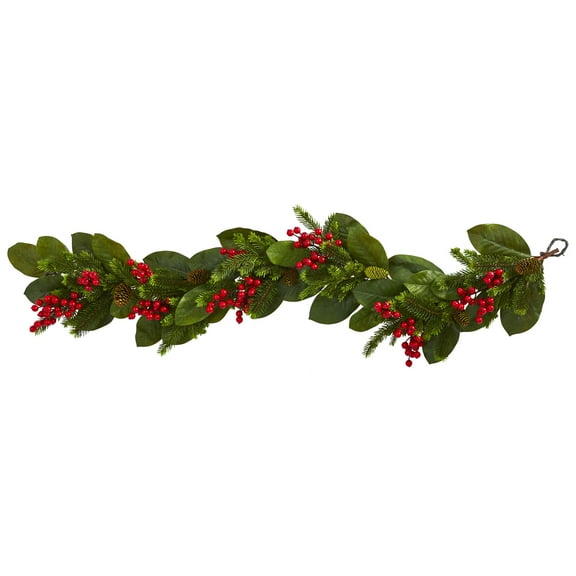 Nearly Natural 5' Christmas Magnolia Berry Pine Artificial Garland, Green