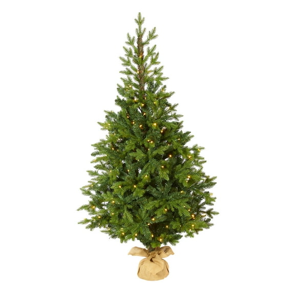 Nearly Natural 5' Fraser Fir Artificial Christmas Tree in a Burlap Base, Prelit with LED Lights