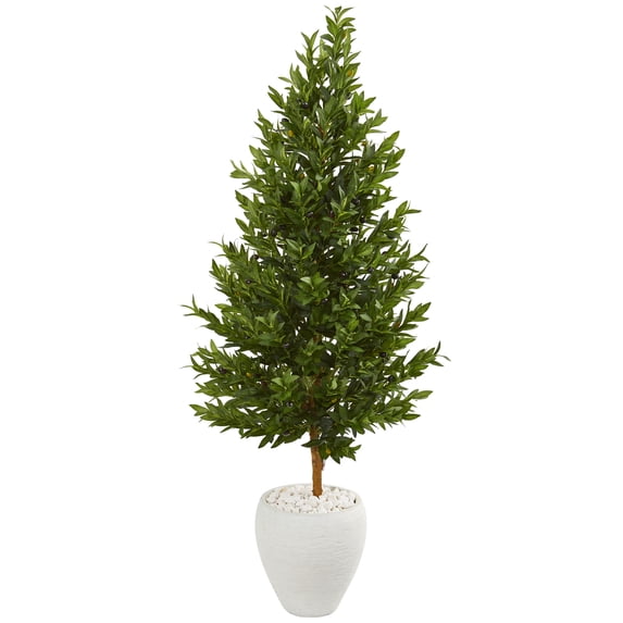 Nearly Natural 5-Ft. Olive Cone Topiary Artificial Tree in White Planter UV Resistant (Indoor/Outdoor)
