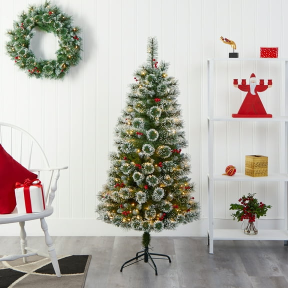Nearly Natural 5' Green Frosted Pine Christmas Tree with Prelit 200 Clear LED Lights