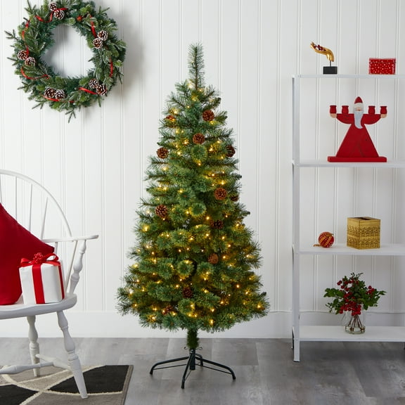 Nearly Natural 5' Green Pine Artificial Christmas Tree Prelit 200 Clear LED Lights