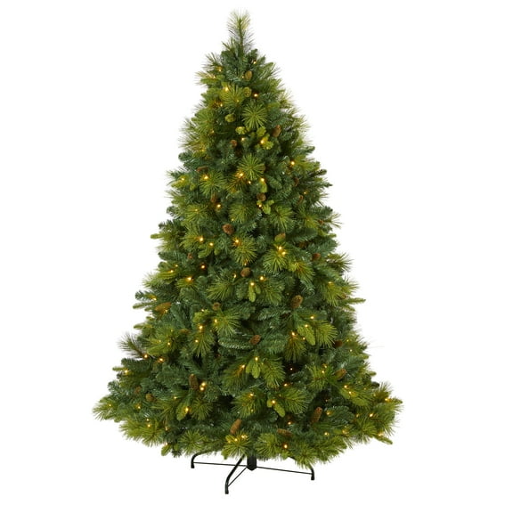 Nearly Natural 5' Green Pine Artificial Christmas Tree with Pinecones Prelit 350 Warm White LED Lights