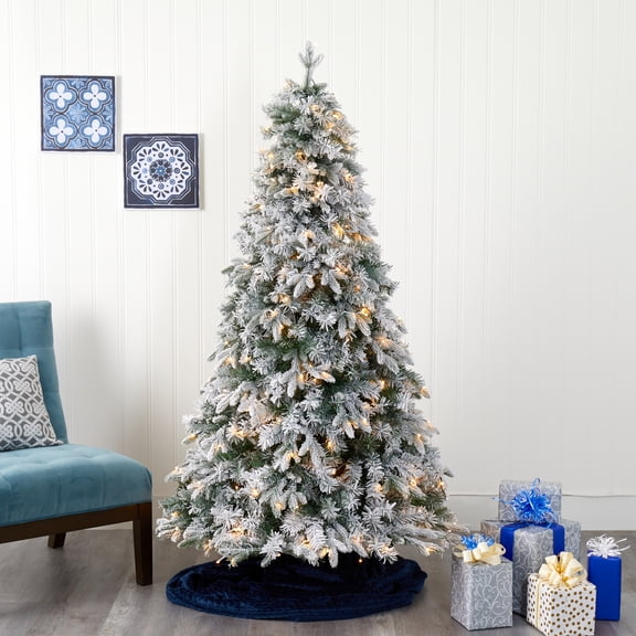 Nearly Natural 5' Green Pine Flocked Artificial Christmas Tree Prelit 150 Clear LED Lights