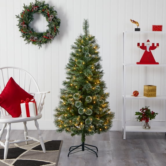 Nearly Natural 5' Green Slim Snow Tip Pine Artificial Christmas Tree with 150 Clear LED Lights