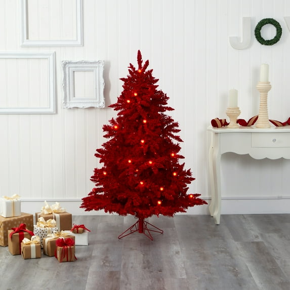 Nearly Natural 5' Red Flocked Fir Artificial Christmas Tree Prelit 250 Red Lights