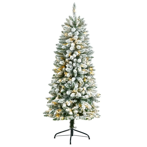 Nearly Natural 5' Slim Fir Flocked Artificial Christmas Tree Prelit 150 LED Lights