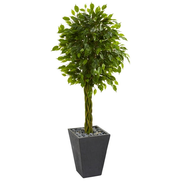 Nearly Natural 5 ft. Braided Ficus Artificial Tree in Slate Planter UV Resistant (Indoor/Outdoor)
