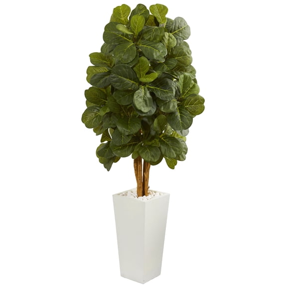 Nearly Natural 5 ft. Fiddle Leaf Artificial Tree in White Tower Planter
