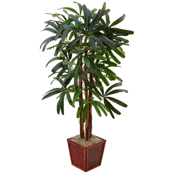 Nearly Natural 5 ft. Raphis Palm Artificial Tree in Bamboo Planter
