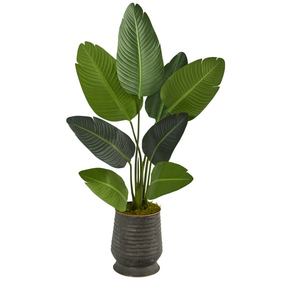 Nearly Natural 50" Travelers Palm Artificial Tree in Ribbed Metal Planter, Green