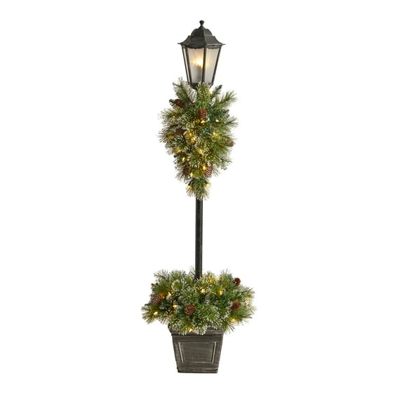 Nearly Natural 50 Warm White LED Lights, 5' Holiday Pre-lit Decorated Lamp Post with Artificial Christmas Greenery, Indoor Outdoor Patio Porch Decor