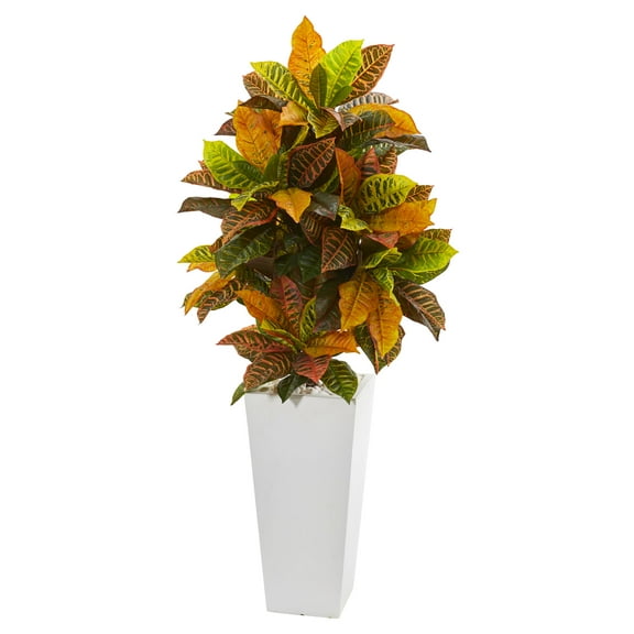 Nearly Natural 51in. Croton Artificial Plant in White Tower Planter (Real Touch)