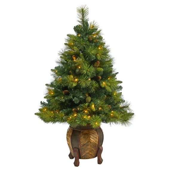 Nearly Natural 52" Mixed Pine Artificial Christmas Tree in Planter, Prelit with 130 Warm White LED Lights