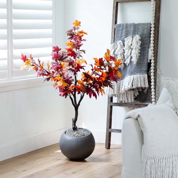 Nearly Natural Smoky Maple Artificial Potted Tree - 4.25' - Orange and Red